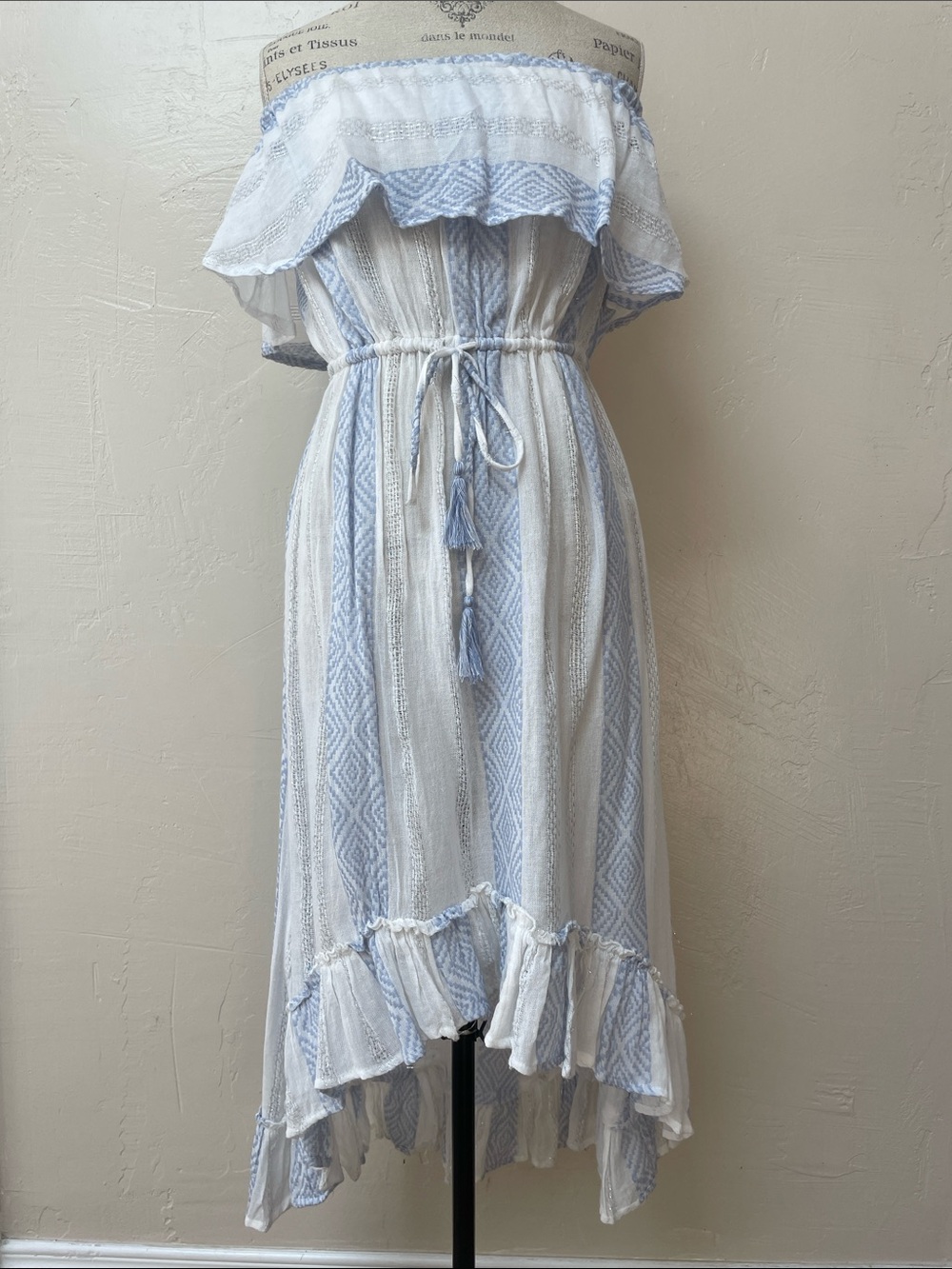 Blue Island Strapless Blue and White Ruffle High Low Midi Dress